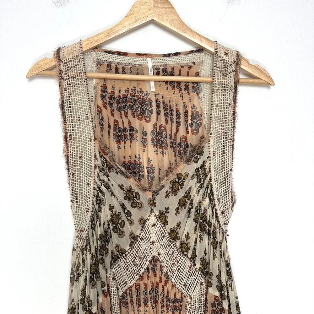 Free People We Broke Free Maxi Dress Peach Floral Crochet Boho Sheer Small